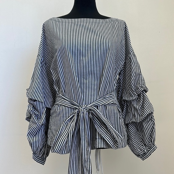MAX Jeans Black & White Striped Blouse - Picture 3 of 14